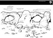 A coloring page with a line drawing of two connected natural arches. There are small plants in the foreground and wispy clouds in the background