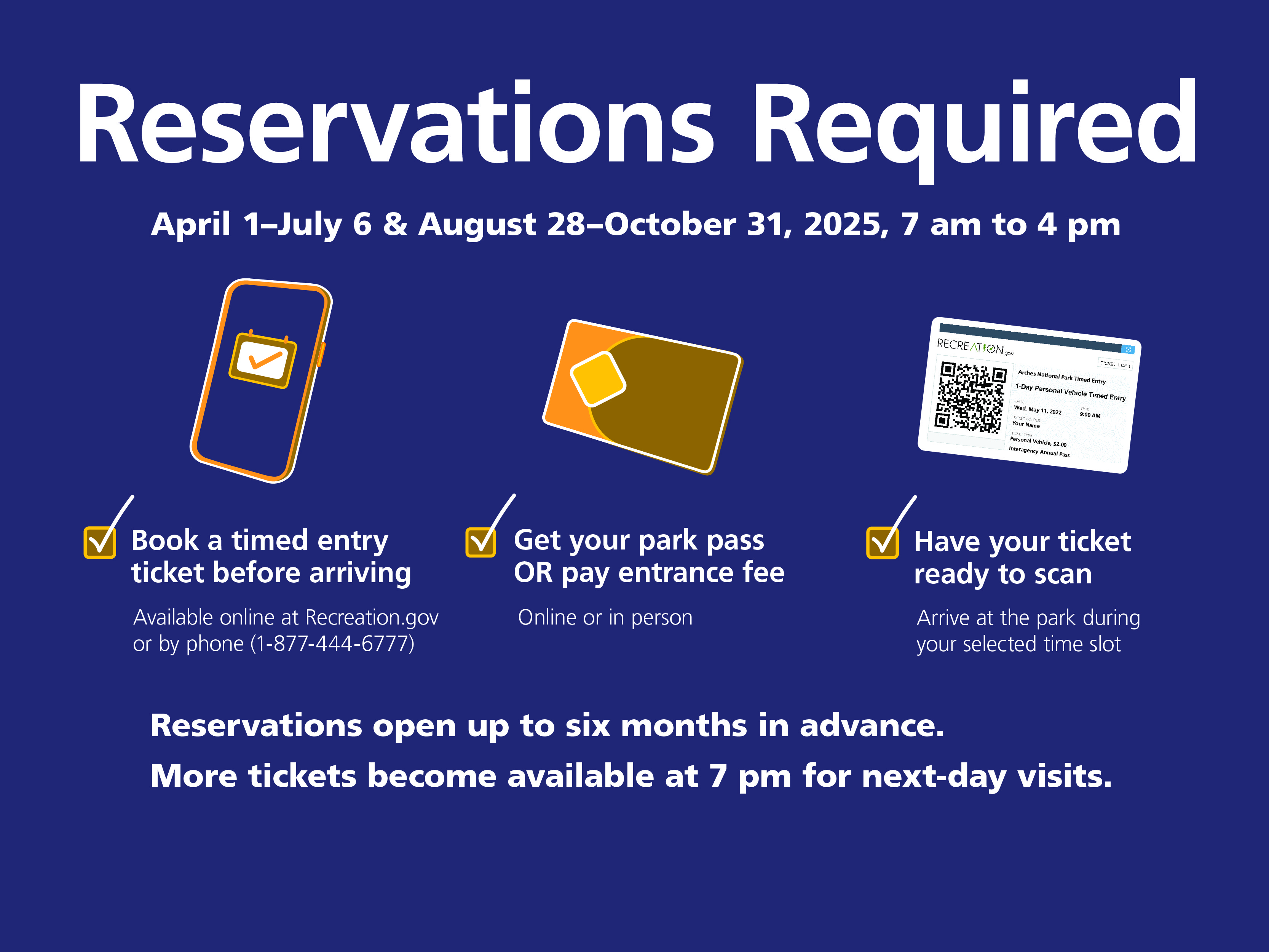 white text on blue field reading "Reservations Required" with an image of a cellphone, park pass, and QR-coded ticket and information on how to book a timed entry ticket