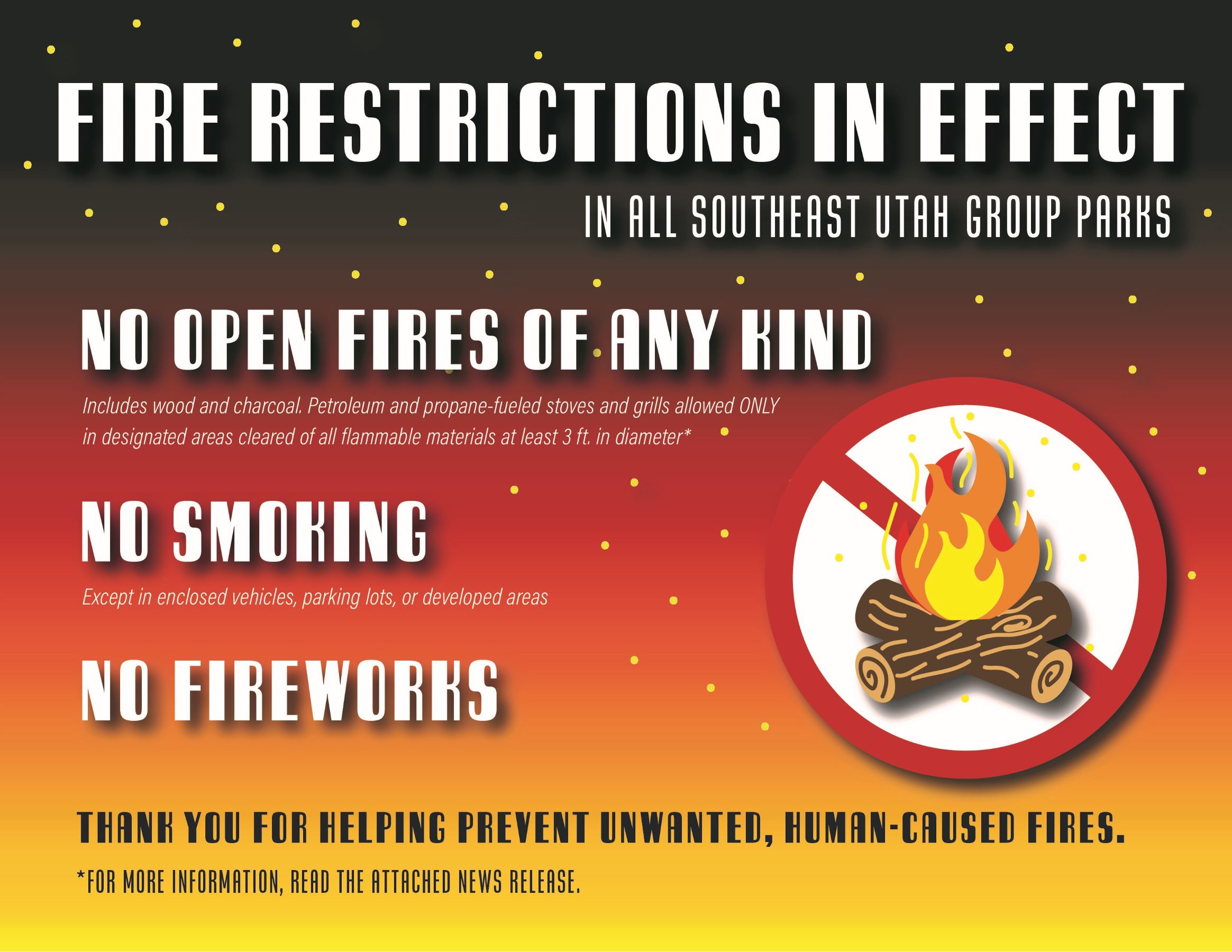 Multicolored graphic features a crossed-out campfire icon. White and black text highlights current fire restrictions for Southeast Utah Group parks: no open fires of any kind, no smoking, and no fireworks. More info available on park websites.