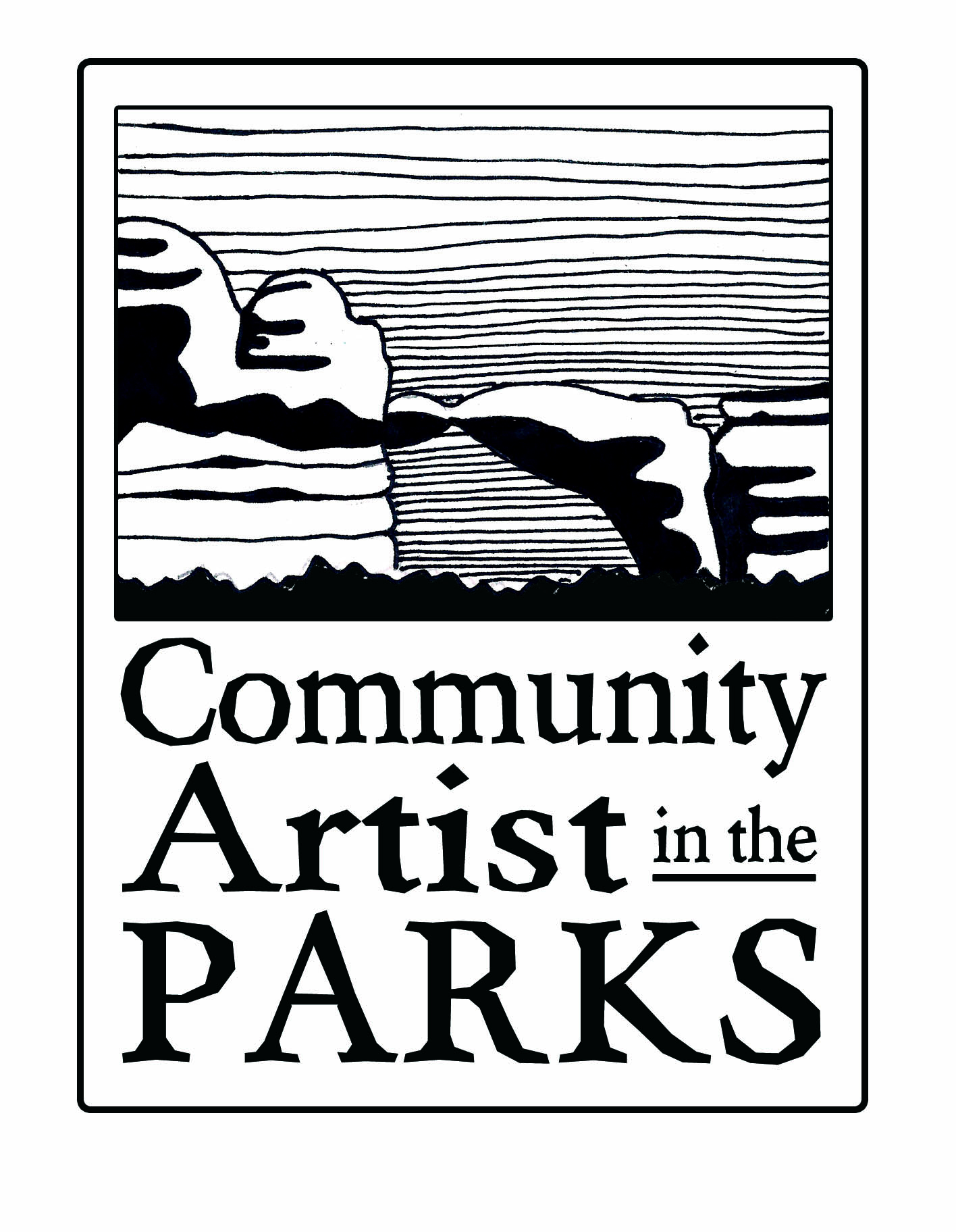 black on white block print of rock towers and an arch above the words "Community Artist in the Parks"