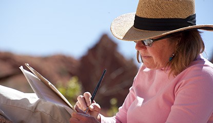 a woman wearing a pink shirt and straw hat holds a paintbrush. a woman wearing a pink shirt and straw hat holds a paintbrush.