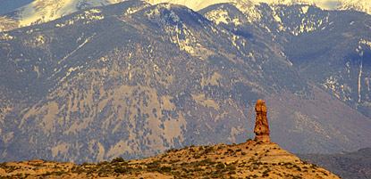 The La Sal Mountains provide a dramatic backdrop to Arches