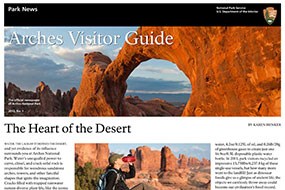 An image of the Park Newspaper. A photo of an arch is at the header with a section called "The Heart of the Desert" below it.