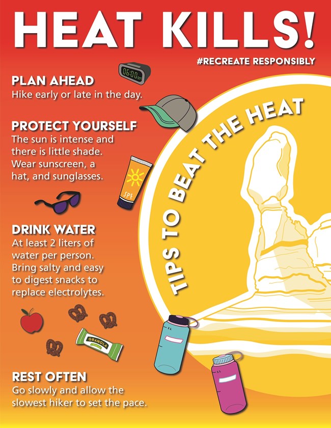 Colorful graphics with tips to prevent heat related illness and injury. Plan ahead, protect yourself, drink water, rest often. Colorful icons of an alarm clock, baseball cap, sunglasses, sunscreen, snacks, and water bottles accompany the tips.