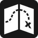 A glyph of a map with a trail on it. The map is white with a black background.