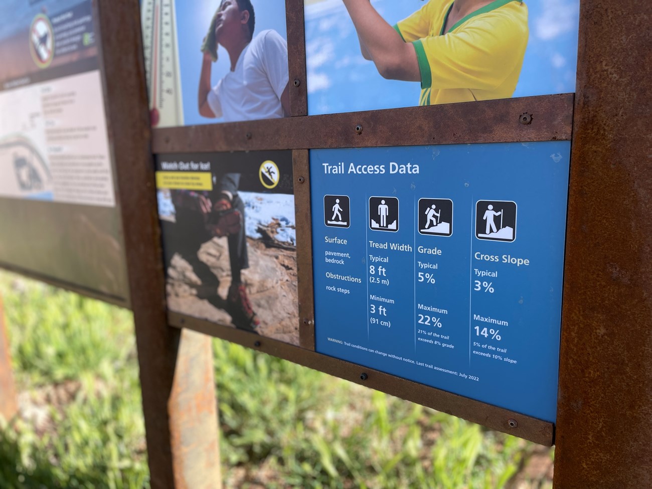 white text on a blue sign reading: Trail Access Data, with pictograms and data for Surface, Grade, Width, Cross-Slope