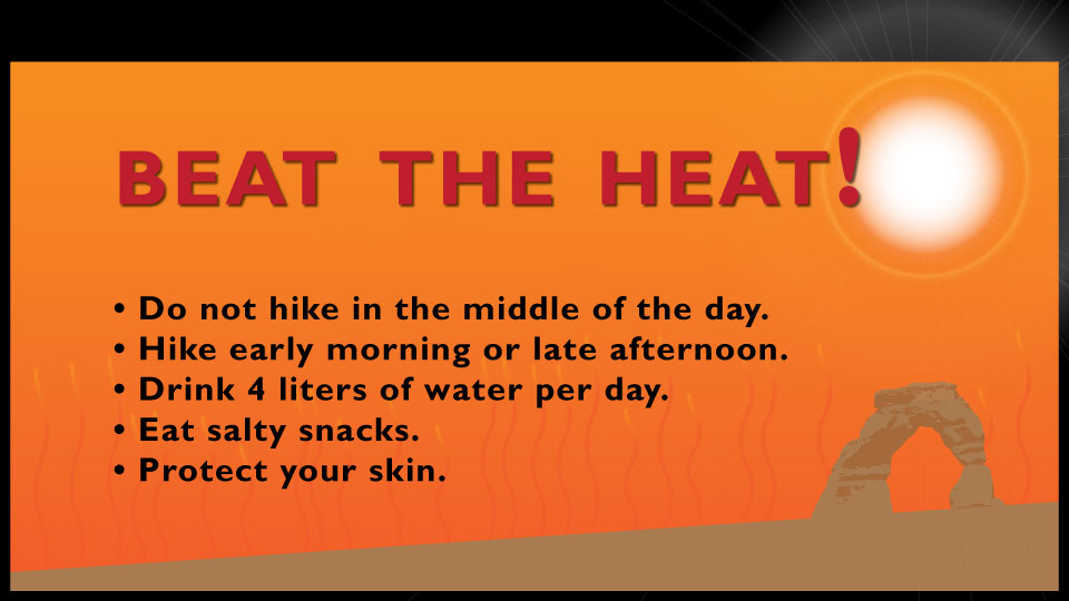 a graphic shows Delicate Arch with a bright sun overhead and heat information on it a graphic shows Delicate Arch with a bright sun overhead and heat information on it