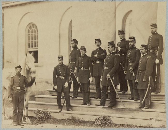 Union soldiers on the front steps of Arlington House.