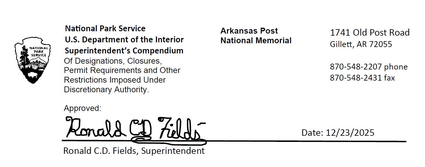 The signature of Superintendent Ron Fields on the Arkansas Post Superintendent's Compendium