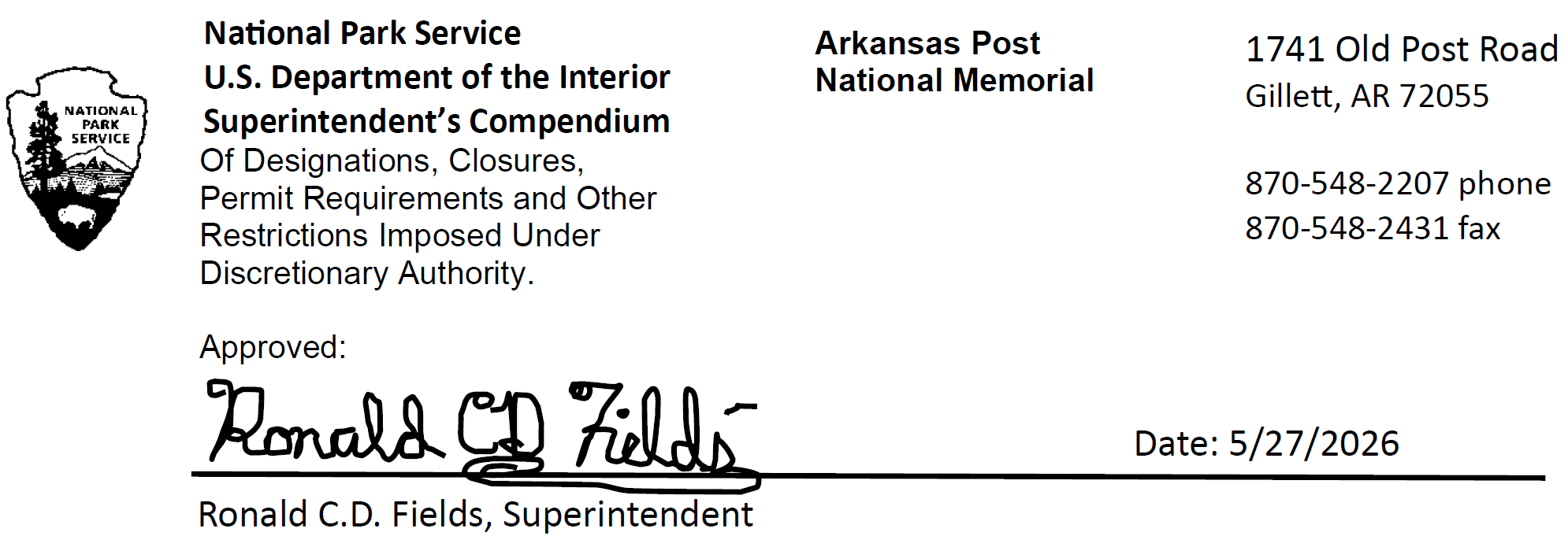 The signature of Superintendent Ron Fields on the Arkansas Post Superintendent's Compendium