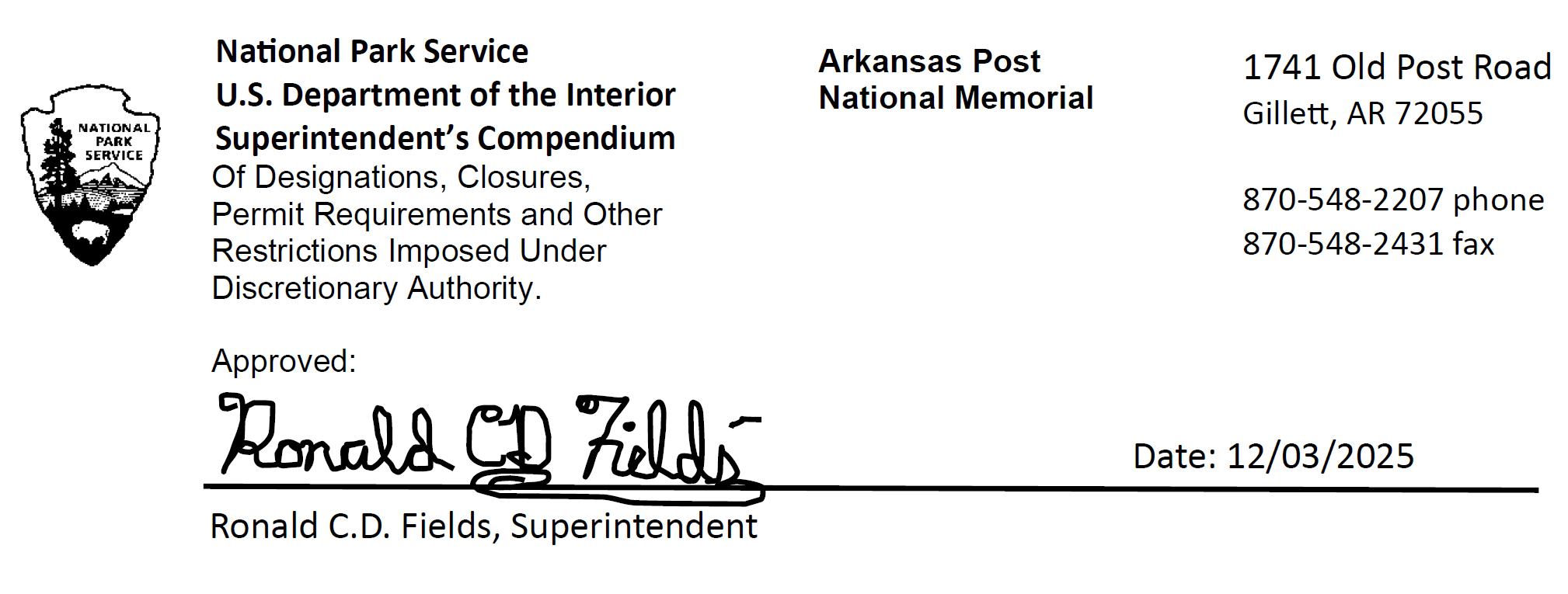 The signature of Superintendent Ron Fields on the Arkansas Post Superintendent's Compendium