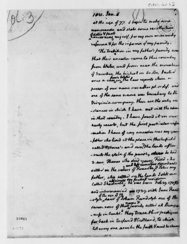 Autobiography of Thomas Jefferson Page of handwritten text from Jefferson's autobiography, largely illegible. Date at top left 1821 Jan 6