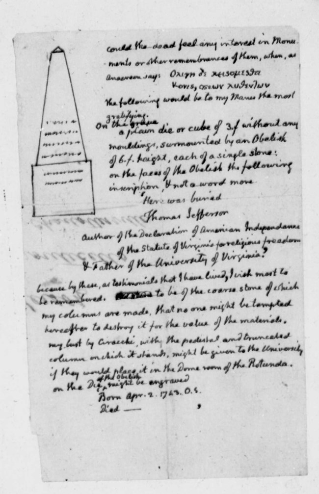 Jefferson Epitaph Jefferson's handwritten notes and sketch for the design of his tombstone