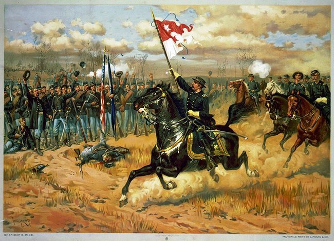 General Sheridan riding his horse Rienzi down a line of soldiers