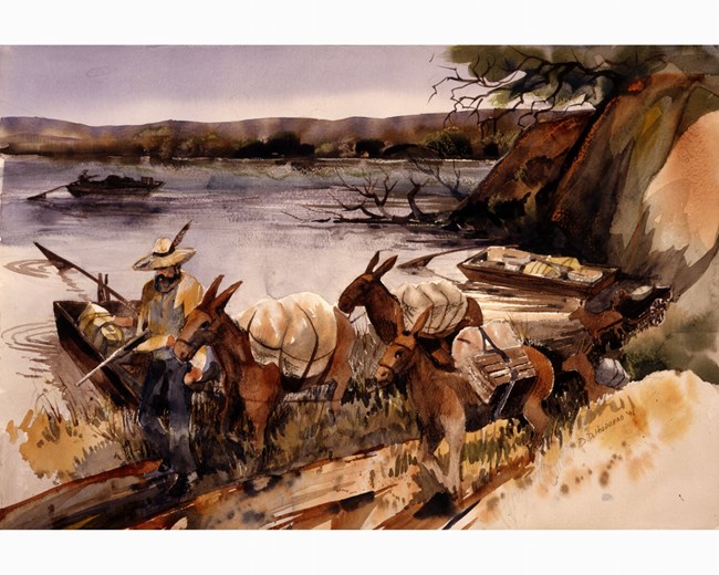 Doug Holdread Painting of Trail Man standing next to a river with 3 pack mules carrying goods