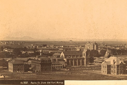 Santa Fe from Old Fort Marcy, c. 1884-92. Photo by Dana B. Chase. Courtesy Palace of the Governors Photo Archives (NMHM/DCA. Neg. #010016)