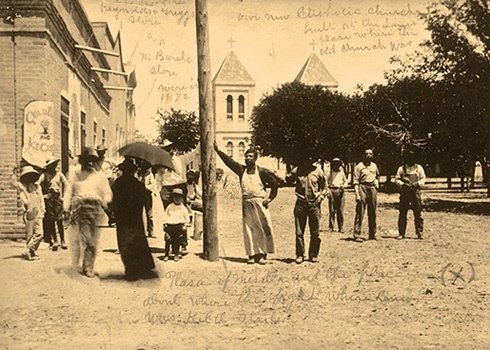 Group on plaza, Mesilla, New Mexico, c. 1890-1900. Photo Credit: Photographer unknown. Courtesy of the Palace of the Governors Photo Archives (NMHM/DC. Neg.#014578)