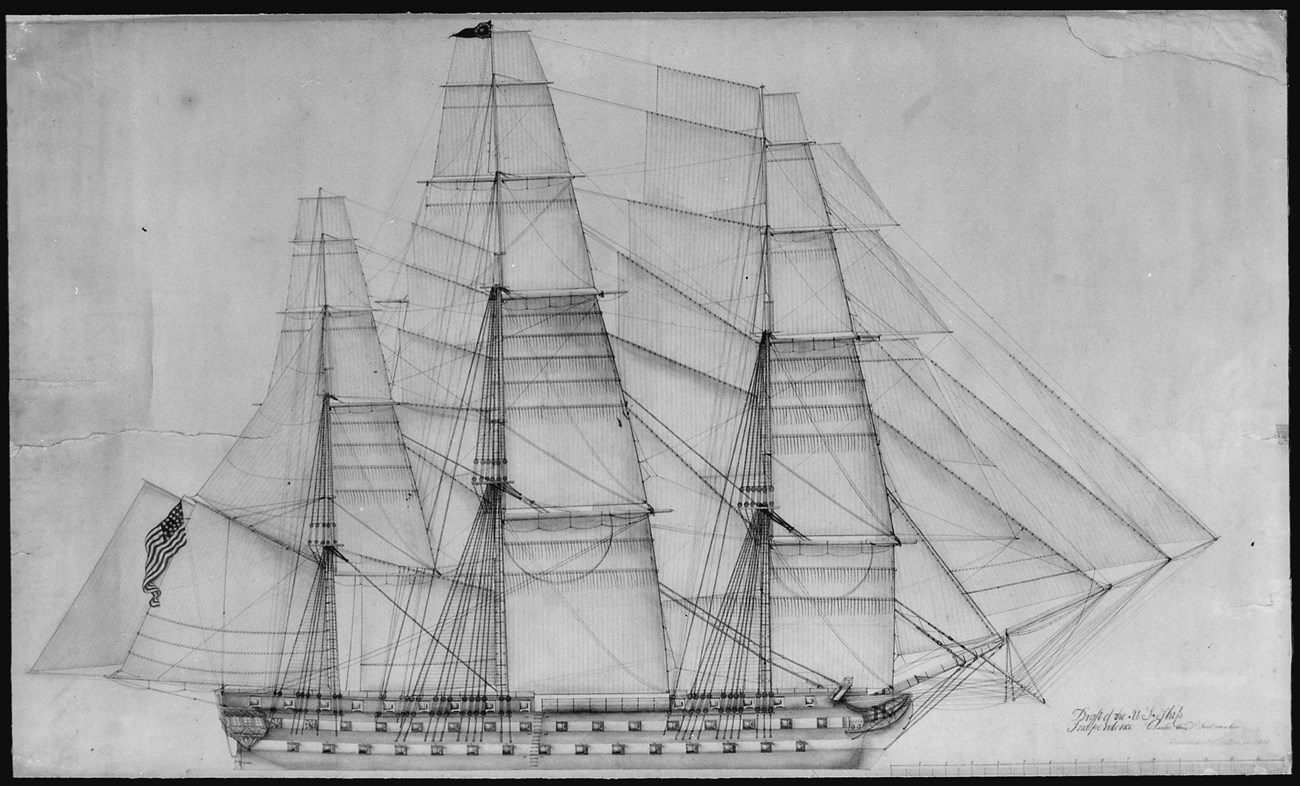 a sketch of the side of a fully rigged frigate with sails unfurled