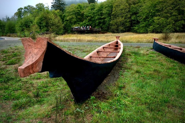 A color photograph of a flat, grass-covered area upon which two large Native canoes are on display