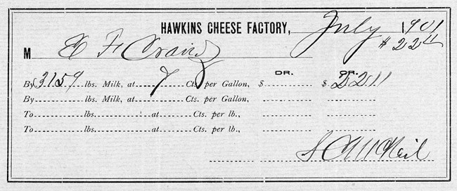A receipt showing E.F. Cranz was paid $22.11 for 3,159 pounds of milk delivered to the factory in July 1901.