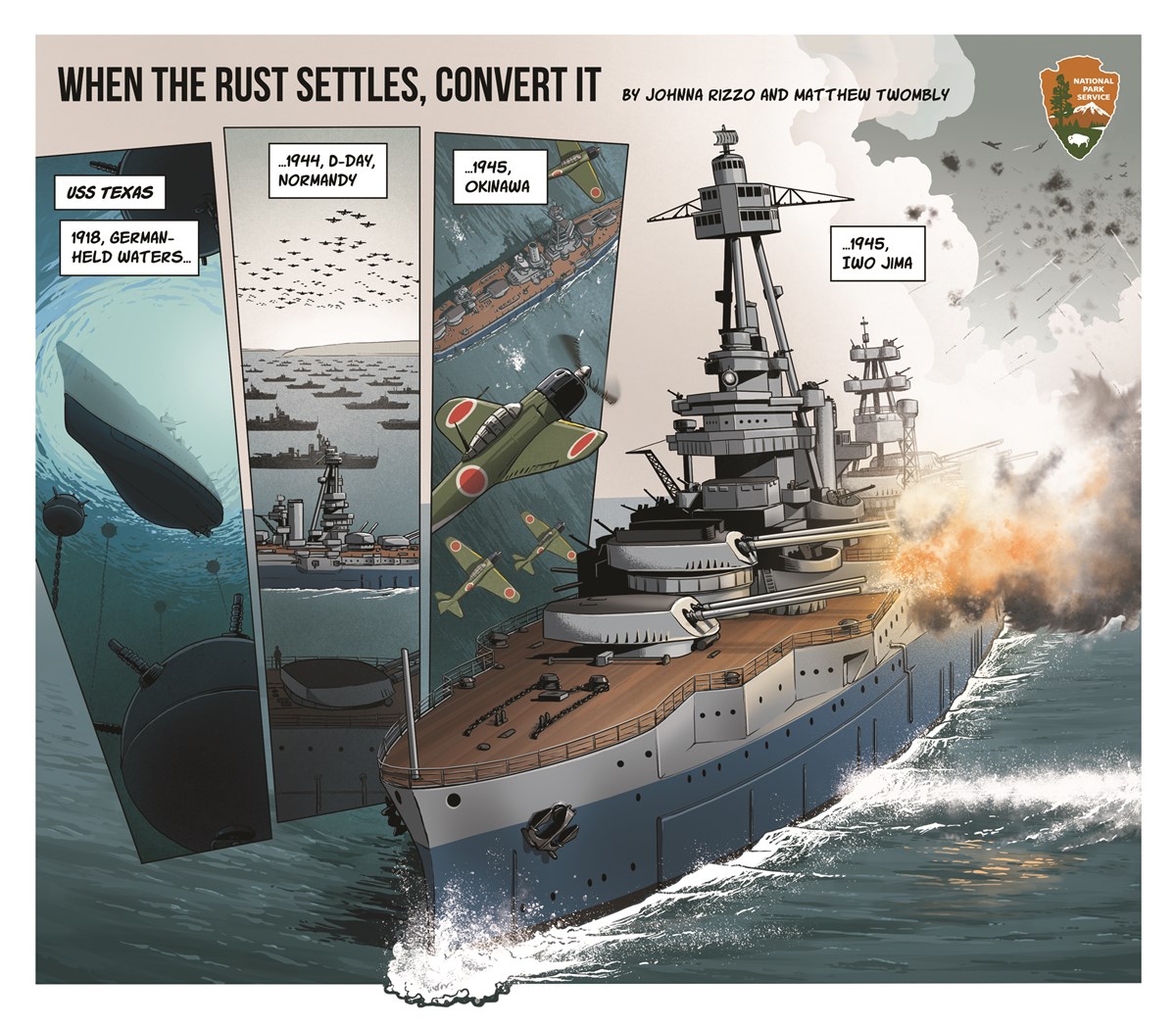 Four overlapping illustrations showing the history of the battleship USS Texas.