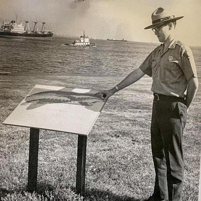Ranger Paul Plamann at Fort McHenry in 1967 Ranger Paul Plamann pointing to wayside at Fort McHenry NMHS