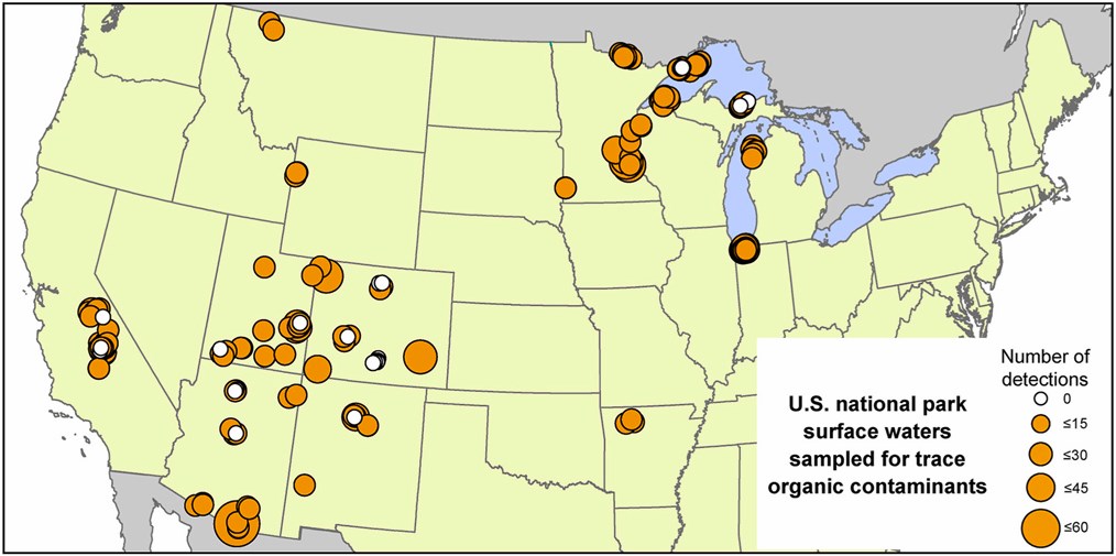 US national park surface waters sampled for trace organic contaminants Continental U.S. map showing dozens of water sampling sites concentrated in the upper Midwest, the Four Corners states, & the Sierra Nevada. Most sites had at least some trace organic contaminant detections. Some had 0. A southern AZ site had the most.