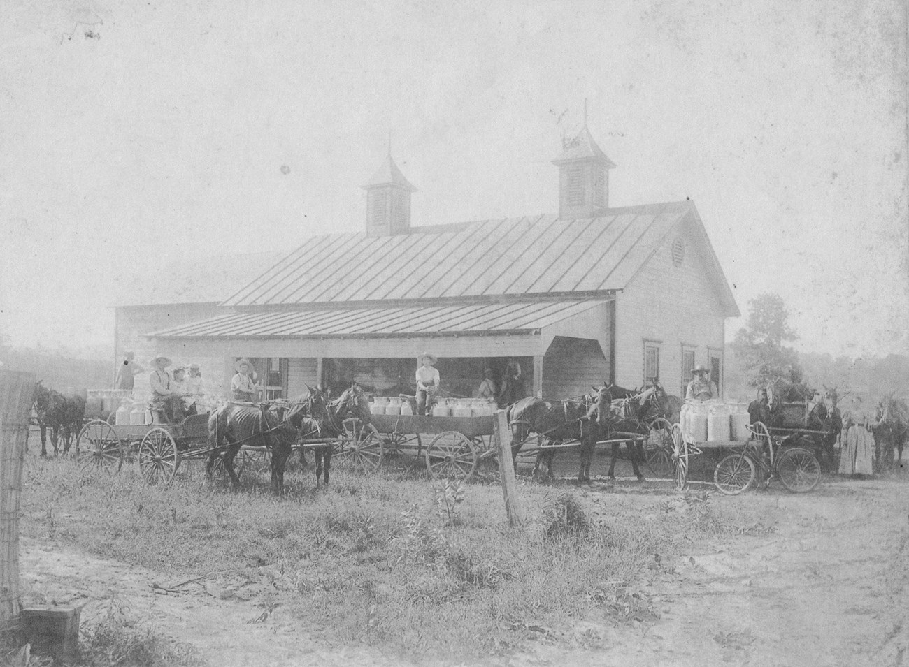 Farmers and horses wait with cartloads of milk jugs in front of a building with a wide awning.