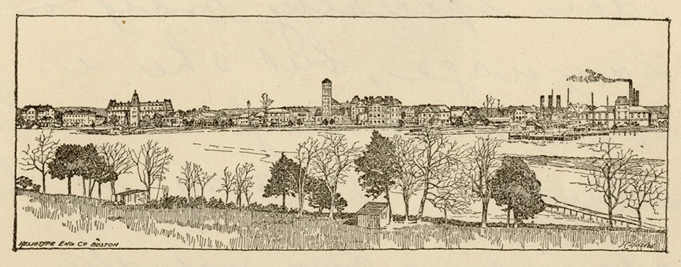 Engraving of landscape with several large academic and industrial buildings seen on far shore of water