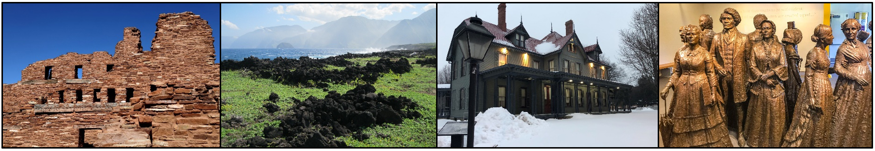 Row of photos including Puebloan ruins; remnants of lava rock walls; long house; and statues of women's suffrage figures