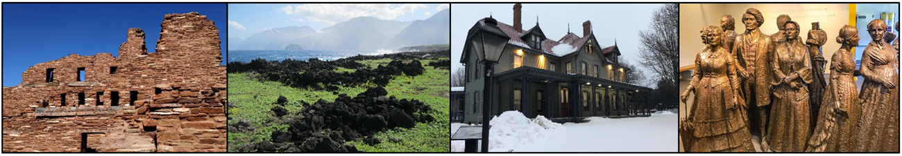 Row of photos including Puebloan ruins; remnants of lava rock walls; long house; and statues of women's suffrage figures