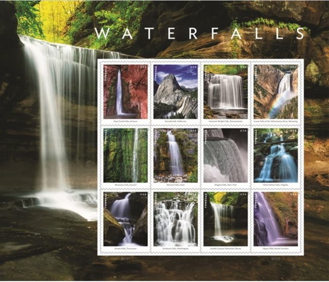 Collage of postage stamps featuring waterfalls