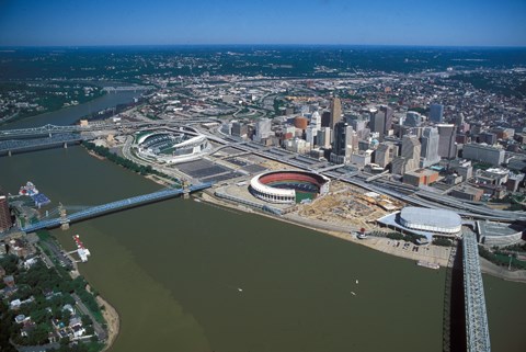 aerial view of town near river