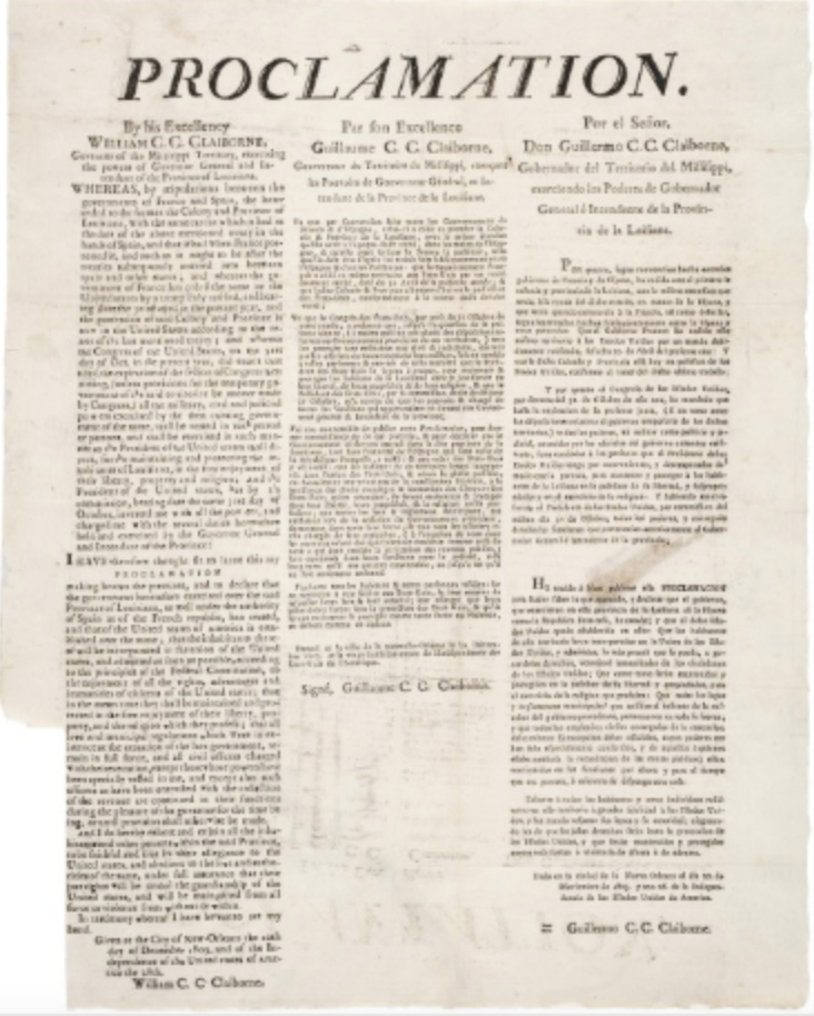 A printed historical document issued by William Claiborne issued in 1803, in three columns, similar to a newspaper.  The left column is in English, the center in French, and the right-hand column is in Spanish.
