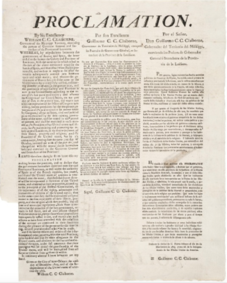 1247 A printed historical document issued by William Claiborne issued in 1803, in three columns, similar to a newspaper. The left column is in English, the center in French, and the right-hand column is in Spanish.