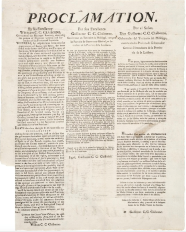 A printed historical document issued by William Claiborne issued in 1803, in three columns, similar to a newspaper.  The left column is in English, the center in French, and the right-hand column is in Spanish.