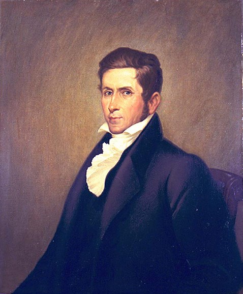 A painted portrait of Mahlon Dickerson, dressed in a black suit, with a white, ruffled shirt.