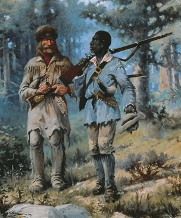 1293 Oil painting shows York standing with a rifle on his shoulder, next to another member of the Corps. Trees, grasses, brush, and boulders surround them.