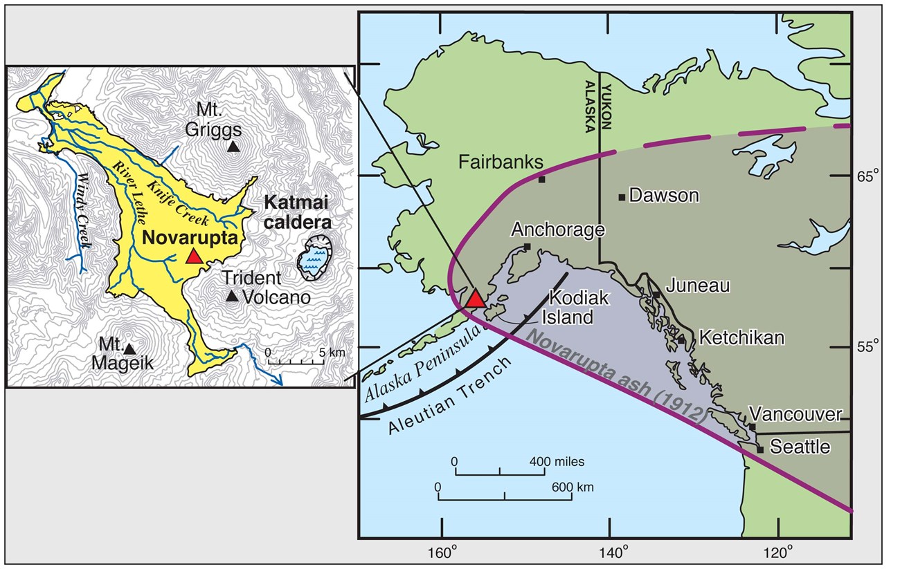two maps; one showing location of volcanic features; one showing area of volcanic ashfall