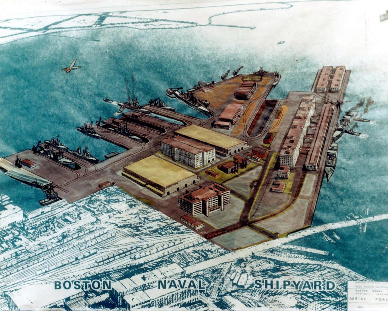 Painted aerial view of the South Boston Annex of Boston Naval Shipyard