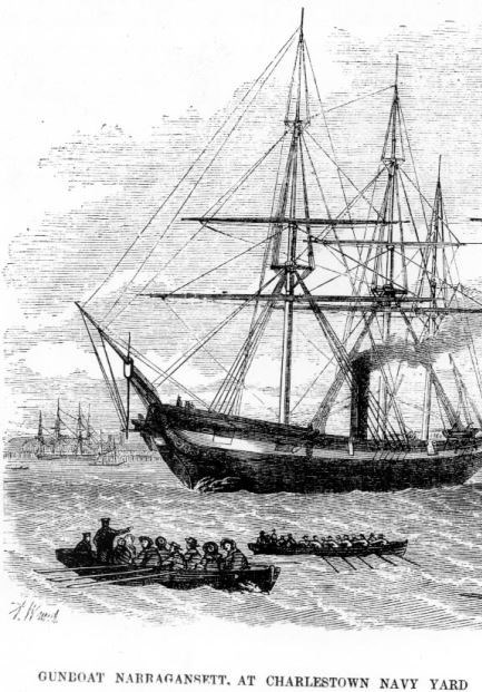 13728-cropped Sketch of a ship with three masts sailing in a harbor.