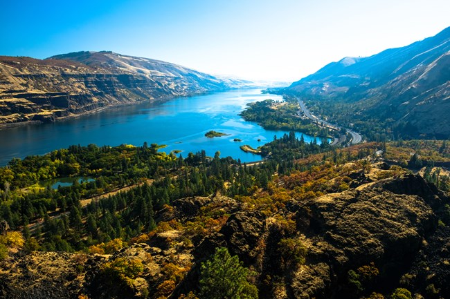 Looking east toward the early morning sun, a view high above the Columbia River