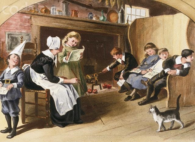 1374 The illustration appears to be that of a mother teaching six young children in front of a large home fireplace. One child is standing at the left, the mother is talking with another standing child, and four others are sitting on a large bench. A cat is