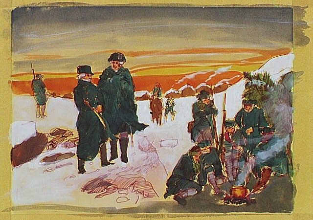 Scene depicts General George Washington and troops at Valley Forge during the winter of 1777-1778.