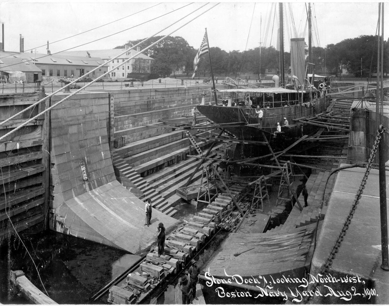 a ship being worked on in Dry Dock 1