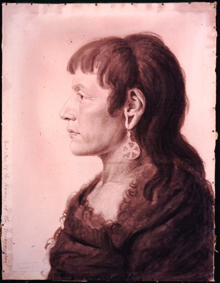 A monotone portrait, possibly of Shehek-Shote.  The profile style portrait has the man facing to the left.  He has dark, shoulder-length hair.  His left earlobe has a large opening from which hangs a round earring.