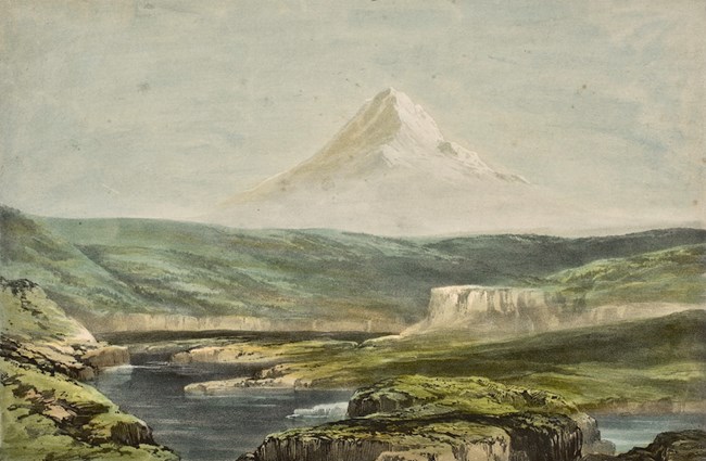 A watercolor illustration of The Dalles of the Columbia River in the foreground and the peak of Mount Hood towering above in the distance.