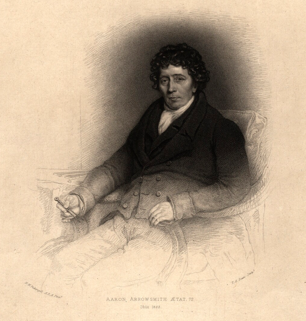 A stipple engraving of Arrowsmith – black ink on yellowed paper.  He is dressed formally, wearing a puffed white shirt and double-breasted jacket.  He is sitting in a stuffed-cushion chair.