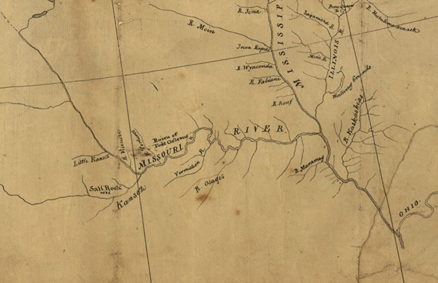 1437 A hand-drawn map showing the Mississippi, Missouri, Illinois, Kansas, and Ohio Rivers, and their small tributaries. Much of the yellowed paper is blank, due to limited knowledge of the area.