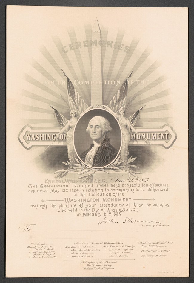 14_WAMODedicationInvitation Beige invitation with image of George Washington in center, surrounded by two female figures and American flags, with the Washington Monument in the background.